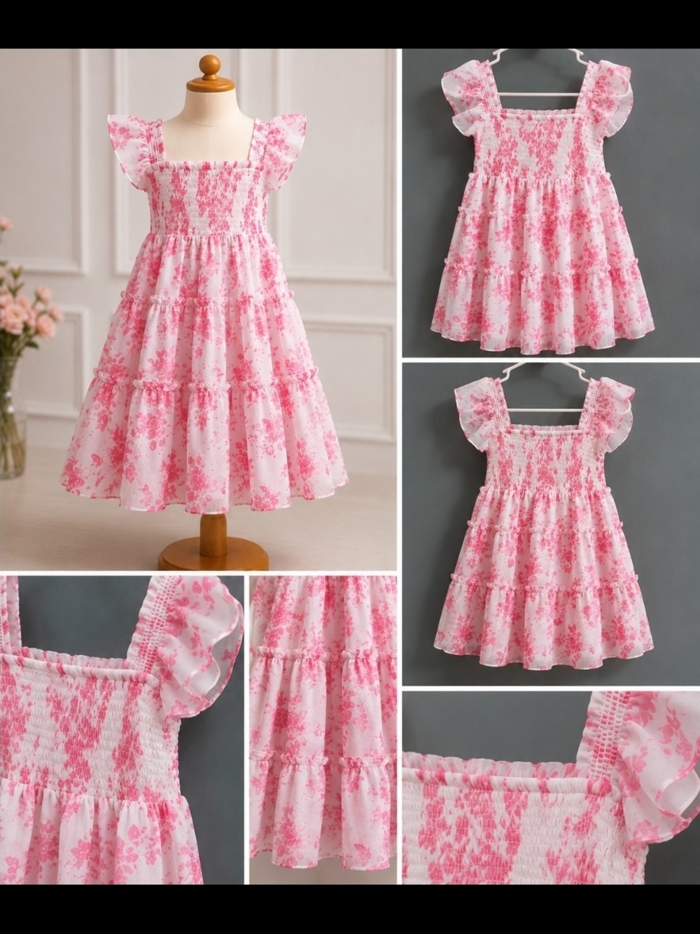 Rare Editions Pink Floral Smocked Tiered Dress